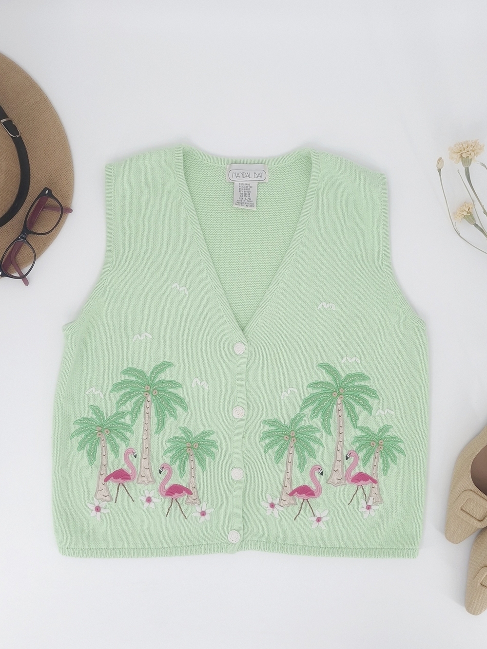 ✨Vintage Mandal Bay Flamingo Palm Tree Knit Sweater Vest Green Size L✨